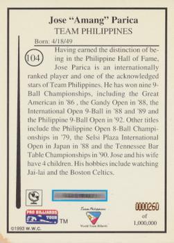1993 Pro Billiards Tour #104 Jose Parica Back